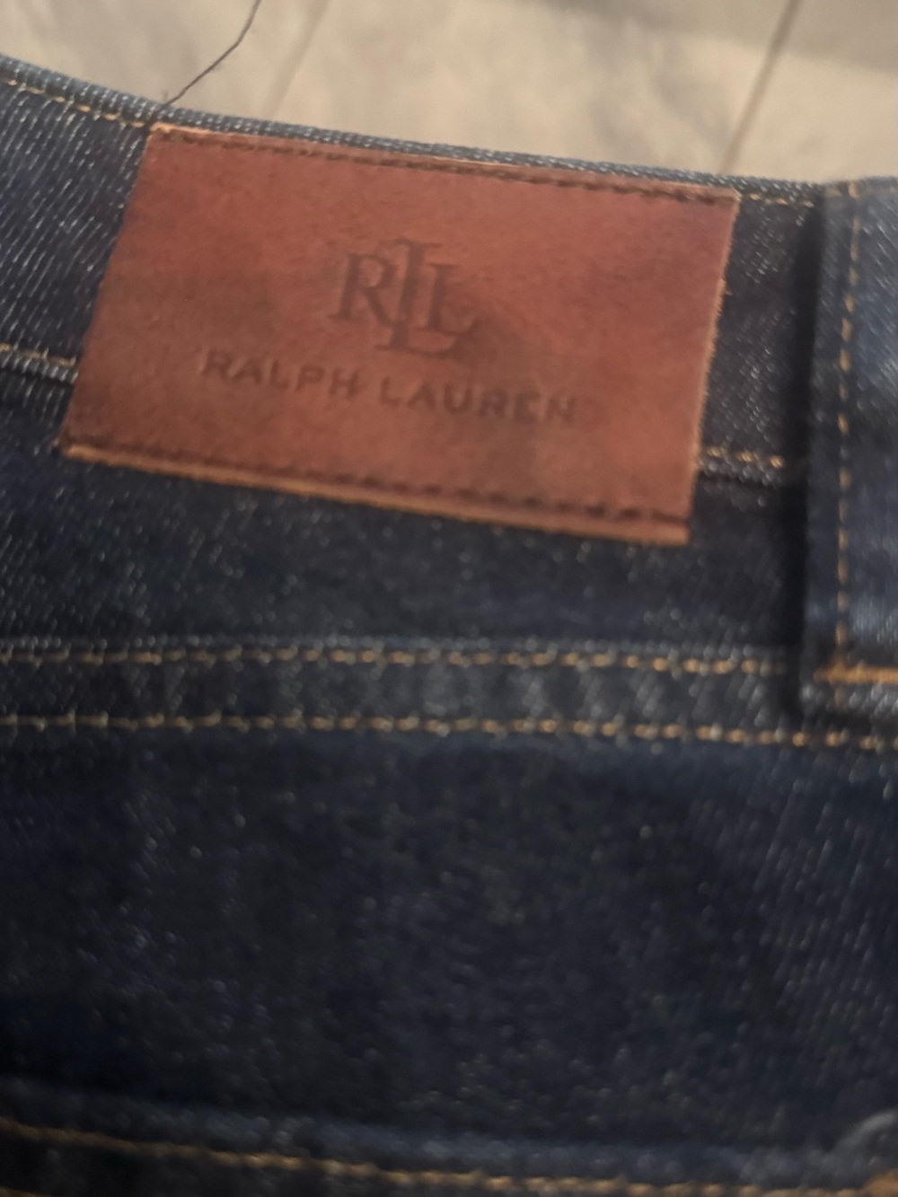 Lauren Ralph Lauren Navy Blue Denim Jeans with Brown Leather Patch - Picture 4 of 4